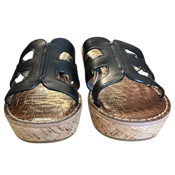 NWOB Sam Edelman Black Ronie Leather Logo Wedge Sandals - Picture 3 of 9